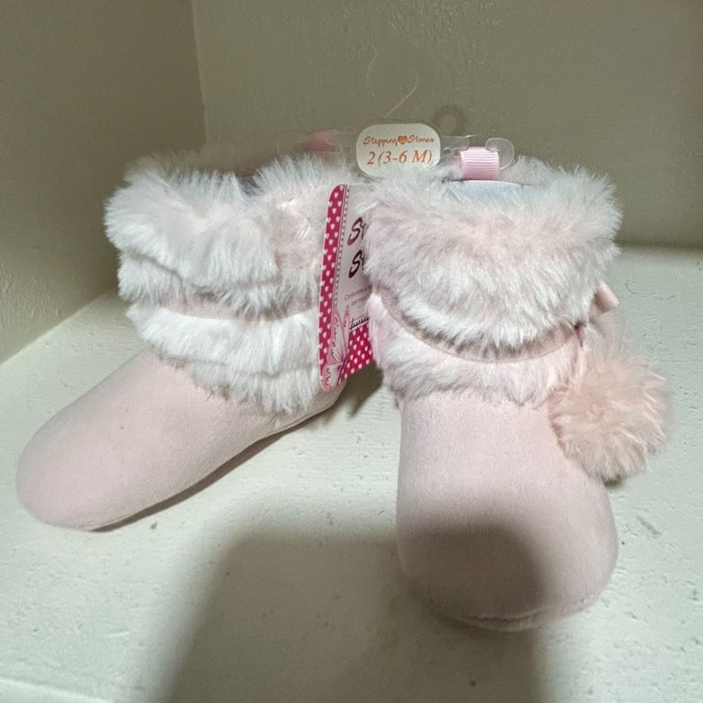 Soft Pink Baby Booties with Fur Trim